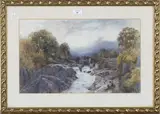 Robert Dobson, Fisherman on the Bank of a River, Figures crossing a Bridge beyond, watercolour and gouache