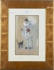 Louis Fortuney, Pierrots with Cats, a pair of watercolours with gouache over pencil