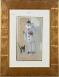 Louis Fortuney, Pierrots with Cats, a pair of watercolours with gouache over pencil
