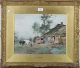Adriaan Groenewegen, Woman with Cattle near a Man outside a Cottage, early/mid-20th century watercolour