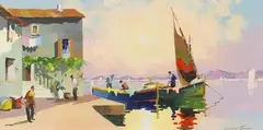 Cecil R. D'Oyly-John, Moored Fishing Boats in the Mediterranean, oil on canvas