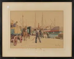 Harry Arthur Riley, Figures working on a Dock, possibly Shoreham Harbour, Sussex, watercolour with touches of gouache