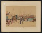 Harry Arthur Riley, Figures working on a Dock, possibly Shoreham Harbour, Sussex, watercolour with touches of gouache