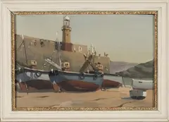 Malcolm Haylett, Beached Boats before a Harbour Wall, oil on canvas-board