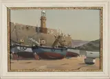 Malcolm Haylett, Beached Boats before a Harbour Wall, oil on canvas-board