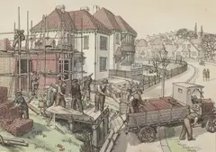 Stanley Roy Badmin, Kirk and Son building a House believed to be the Artist's Parents' House in Thorpewood Avenue, London, 1927, watercolour and ink