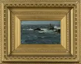 John Reid, Coastal View with Sailing Vessel and Rocks, oil on panel
