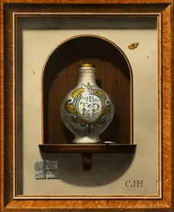 Christopher John Harrison, Trompe L'Oeil Study of Early English Delft on a Shelf, oil on panel