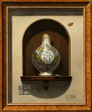 Christopher John Harrison, Trompe L'Oeil Study of Early English Delft on a Shelf, oil on panel