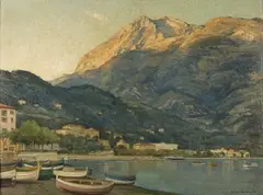 Harry van der Weyden, View of a Continental Harbour Town at the Foot of a Mountain, oil on canvas laid on board
