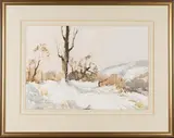Edward Wesson, Snowy Downland Landscape, watercolour over pencil