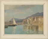 Harry van der Weyden, View of Moored Boats in a Continental Harbour, oil on canvas laid on board