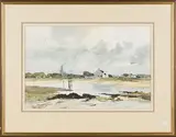 Edward Wesson, View across an Estuary toward Cottages and a Church Spire, watercolour over pencil