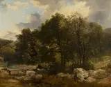 Frederick Richard Lee, Angler in a River Landscape with Distant Watermill, possibly the River Teign, Devon, 1844, oil on canvas