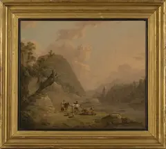 Julius Caesar Ibbetson, Landscape with Cattle and Figures beside a Lake, Hills and Castle beyond, oil on canvas