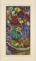 Linda Weir, Still Life of Flowers in a Jug beside Fruit in a Bowl, oil on canvas