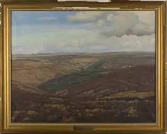 Exmoor Landscape with Huntsmen by Donald Ayres, oil on canvas, sold Jun 2017