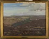 Donald Ayres, Exmoor Landscape with Huntsmen, oil on canvas