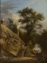 Caleb Robert Stanley, Figures on a Country Lane near a Cottage, 1832, oil on panel