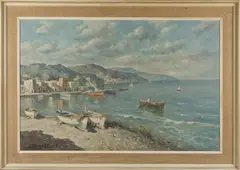 Giuseppe Salvati, Mediterranean Harbour Scene with Fishing Boats, probably Capri, oil on canvas