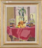 Martin Paterson, Still Life with Fruit, Flowers, Kettle and Jars, oil on canvas laid on board
