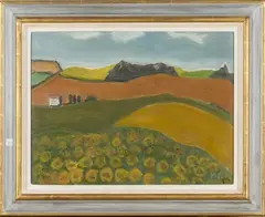 Landscape with Sunflowers and Distant Cottage by Martin Paterson, oil on canvas laid on board, sold Jun 2017