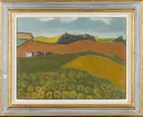 Martin Paterson, Landscape with Sunflowers and Distant Cottage, oil on canvas laid on board