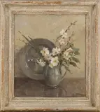 Amelia M. Carr, Still Life with of Jonquils in a Blue Jug before a Pewter Dish, oil on canvas