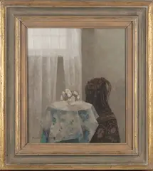 Angela Burfoot, Pink and Black Dress' (Interior Scene), 1984, oil on canvas