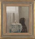 Angela Burfoot, Pink and Black Dress' (Interior Scene), 1984, oil on canvas