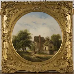 Samuel David Colkett, Tondo View with Figures and Poultry on a Country Lane near a Thatched House, 1856, oil on canvas