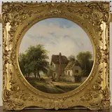 Samuel David Colkett, Tondo View with Figures and Poultry on a Country Lane near a Thatched House, 1856, oil on canvas