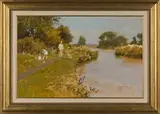 John Haskins, Blackberry Picking on the River Hit, oil on board