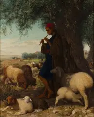 William James Webb, Shepherd playing a Flute beside his Flock in the Shade of a Tree, a Plough Team and Olive Grove beyond, 1864, oil on canvas
