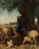 William James Webb, Shepherd playing a Flute beside his Flock in the Shade of a Tree, a Plough Team and Olive Grove beyond, 1864, oil on canvas