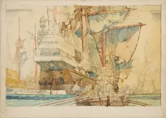 Kenneth Denton Shoesmith, The Golden Hind, Moored Galleon with Rowing Boat and Figures in the foreground, watercolour over pencil