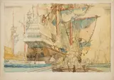 Kenneth Denton Shoesmith, The Golden Hind, Moored Galleon with Rowing Boat and Figures in the foreground, watercolour over pencil