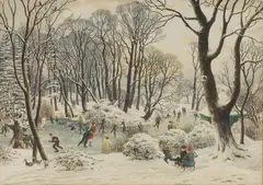 Stanley Roy Badmin, Skating on a Winter Afternoon, watercolour with touches of gouache