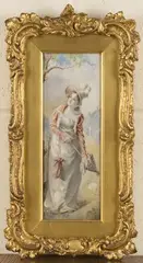 Nellie Sansom, Lady holding a Parasol in a Village Street, watercolour on ivory