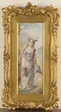 Nellie Sansom, Lady holding a Parasol in a Village Street, watercolour on ivory