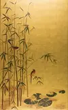 André Dambrun, Birds perched on Bamboo Branches in a Pond with Waterlilies, oil