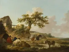 George Morland, An Encampment with Gypsies and a Donkey, oil on canvas