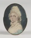 Andrew Charles, Oval Miniature Portrait of a Lady wearing a White Cap with Blue Band and High-necked Fichu, watercolour on ivory