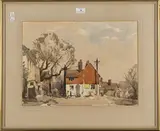 Edward Wesson, Village Scene with Memorial Cross, watercolour