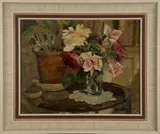 Edward Wesson, Still Life of Flowers in a Vase on a Table, oil on canvas-board