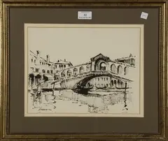 Edward Wesson, View of the Rialto Bridge, Venice, pen and ink