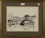 Edward Wesson, View of the Rialto Bridge, Venice, pen and ink