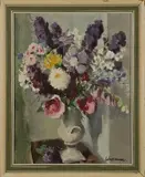 Edward Wesson, Still Life of a Vase of Summer Flowers, oil on canvas-board