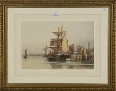 Frederick James Aldridge, Moored Boats at a Harbour, possibly Shoreham-by-Sea, watercolour and gouache