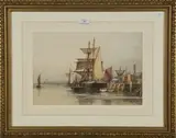 Frederick James Aldridge, Moored Boats at a Harbour, possibly Shoreham-by-Sea, watercolour and gouache